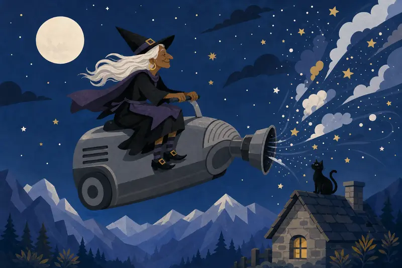 Cover illustration for The Witch and the Hungry Vacuum, A1 Spanish story