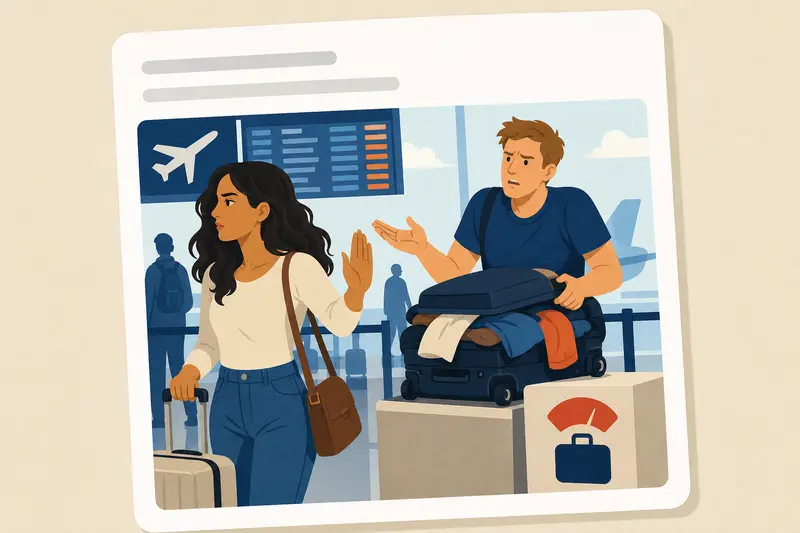 Cover illustration for AITJ for leaving my fiancé at the airport because he refused to respect the luggage weight limit and tried to make me carry his excess items?, C1 Spanish story