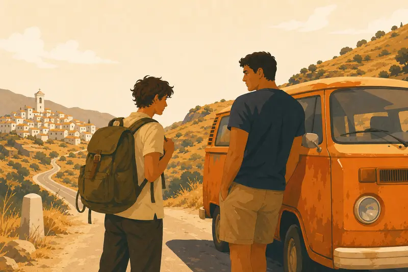 Cover illustration for The Orange Van, A0 Spanish story