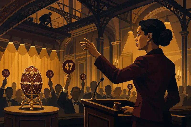 Cover illustration for The Auctioneer's Gambit, C1 Spanish story