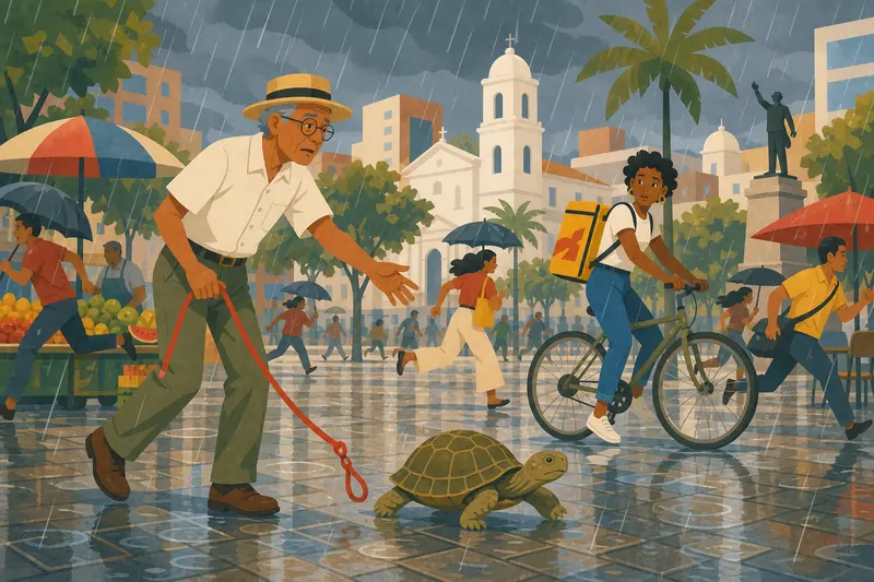 Cover illustration for A Turtle in the Rain, A1 Spanish story