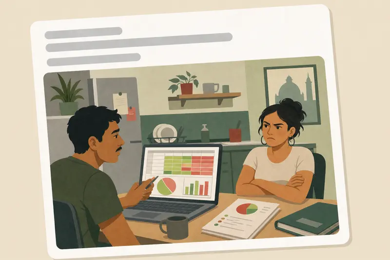 Cover illustration for AITJ for creating a spreadsheet that tracks my partner's household contributions and presenting her with a quarterly 'performance review'?, C1 Spanish story