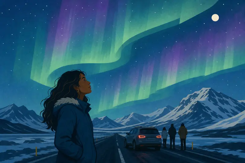 Cover illustration for Four Strangers and the Green Sky, B1 Spanish story