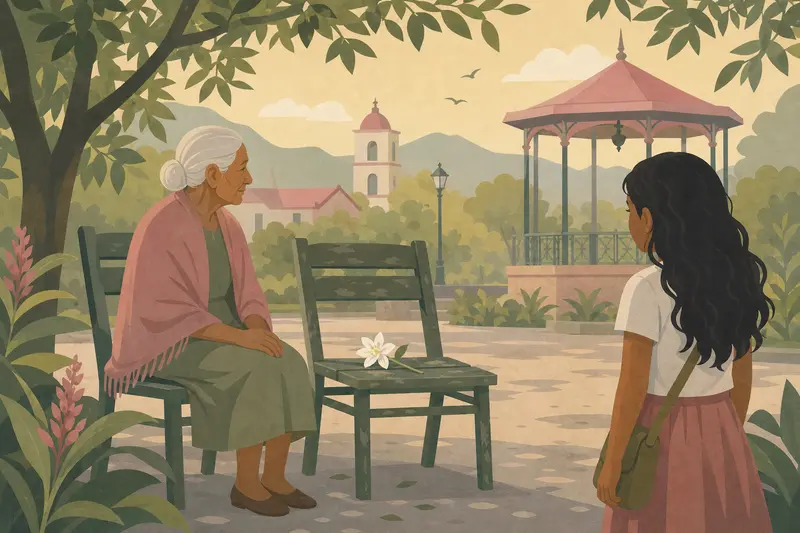Cover illustration for The White Flower on the Empty Chair, A0 Spanish story