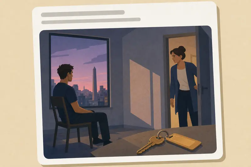 Cover illustration for AITJ for renting a secret studio apartment just to sit in silence for two hours a day?, C1 Spanish story