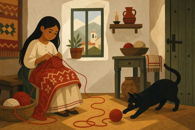 Cover illustration for The Cat and the Red Thread, A1 Spanish story