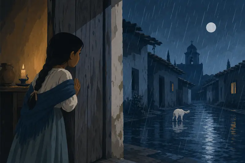 Cover illustration for The White Dog in the Rain, A0 Spanish story
