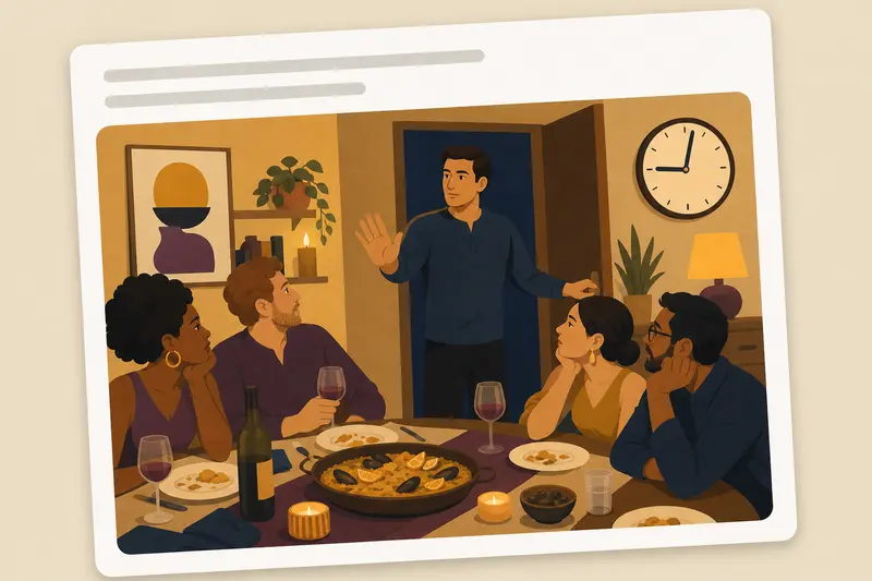 Cover illustration for AITJ for kicking my dinner guests out at exactly 9:00 PM because of my bedtime routine?, B2 Spanish story