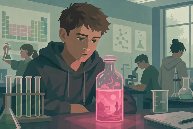 Cover illustration for The Pink Liquid, A2 Spanish story