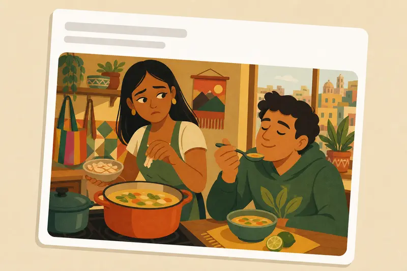Cover illustration for AITJ for putting chicken in my vegetarian boyfriend's soup?, A1 Spanish story