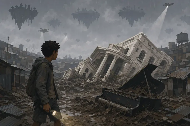 Cover illustration for The House That Fell from the Sky, B1 Spanish story