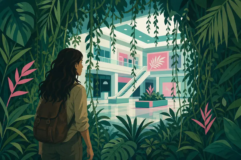 Cover illustration for The Mall in the Jungle, A2 Spanish story
