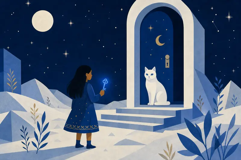 Cover illustration for The Blue Key on the Moon, A1 Spanish story