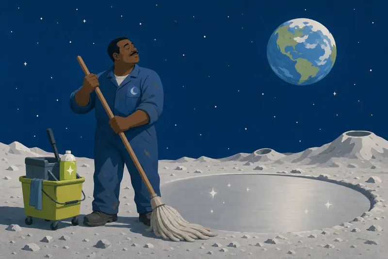 Cover illustration for The Janitor of the Moon, B2 Spanish story