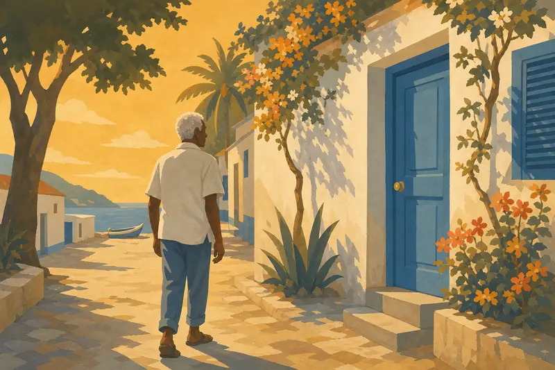 Cover illustration for The Blue Door, A0 Spanish story