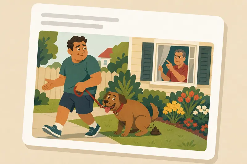 Cover illustration for AITJ for leaving my dog's poop on my neighbor's grass?, A1 Spanish story