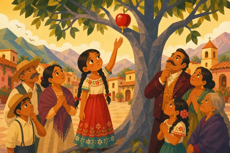Cover illustration for One Apple, Many Hands, A1 Spanish story