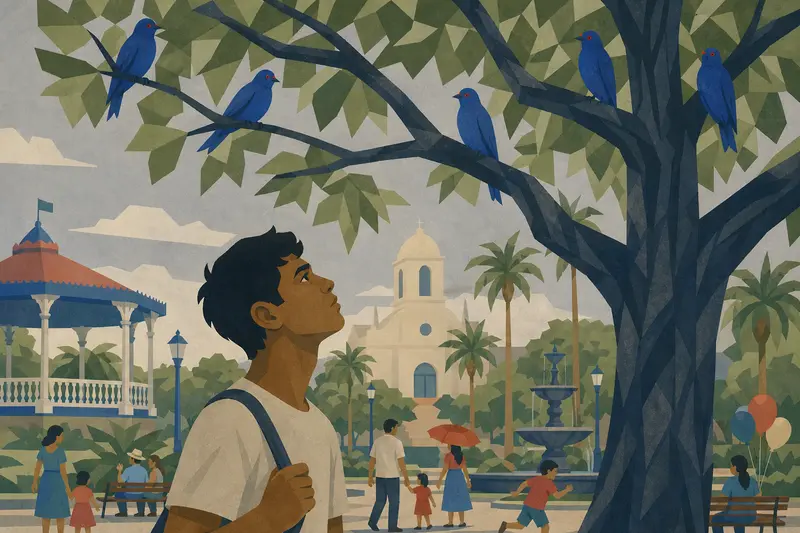 Cover illustration for Blue Birds with Red Eyes, A1 Spanish story