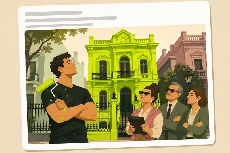 Cover illustration for AITJ for painting my historically protected Victorian home neon chartreuse to protest the neighborhood committee's rigid aesthetic guidelines?, C1 Spanish story