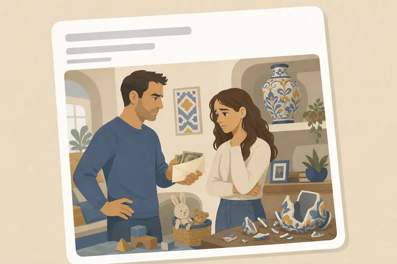 Cover illustration for AITJ for deducting the cost of a broken vase from my babysitter's wages?, B2 Spanish story