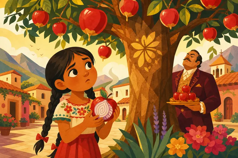 Cover illustration for The Apple That Tastes of Onion, A1 Spanish story