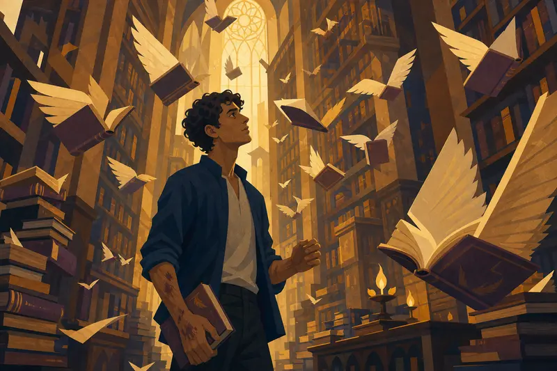 Cover illustration for The Library Where Books Take Flight, B1 Spanish story