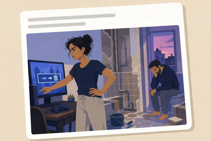 Cover illustration for AITJ for deleting my spouse's 500-hour video game save file to teach him a lesson about prioritizing renovations?, C1 Spanish story