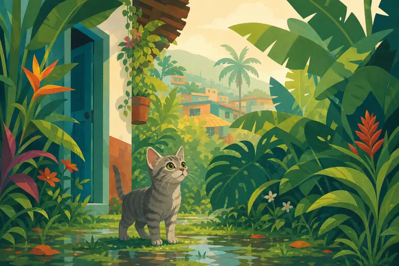 Cover illustration for Small Cat, Big World, A0 Spanish story