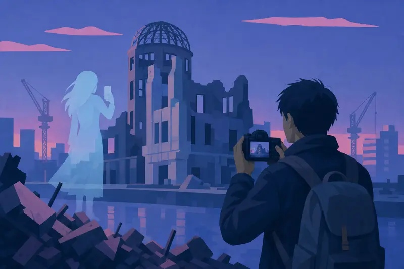 Cover illustration for The Ghost at Demolished Landmarks, B2 Spanish story