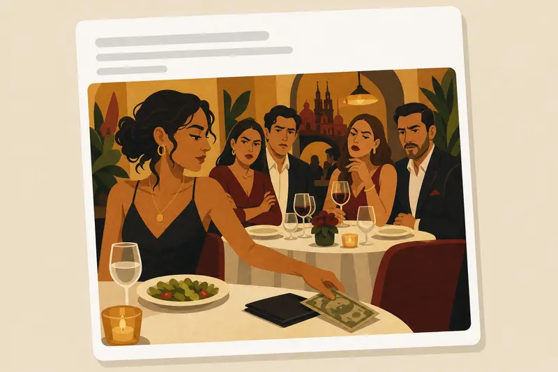 Cover illustration for AITJ for leaving cash for exactly what I ate and walking out of my best friend's birthday dinner?, B2 Spanish story