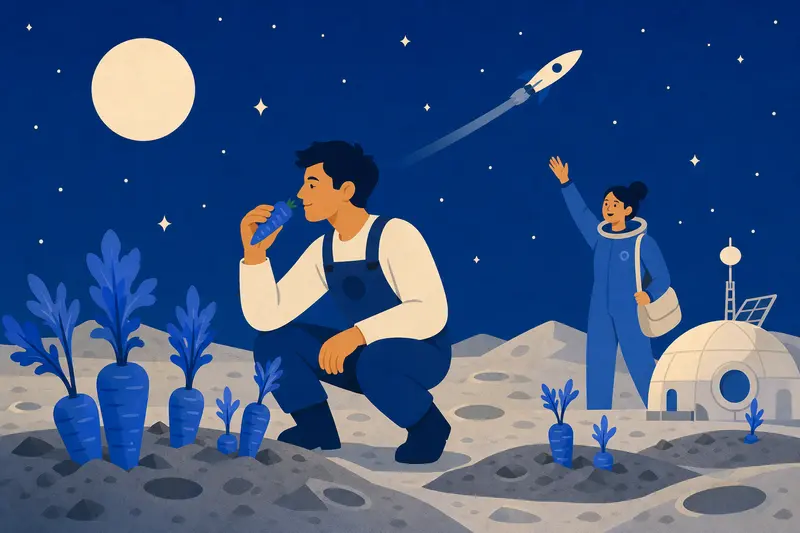 Cover illustration for Blue Carrots on the Moon, A1 Spanish story
