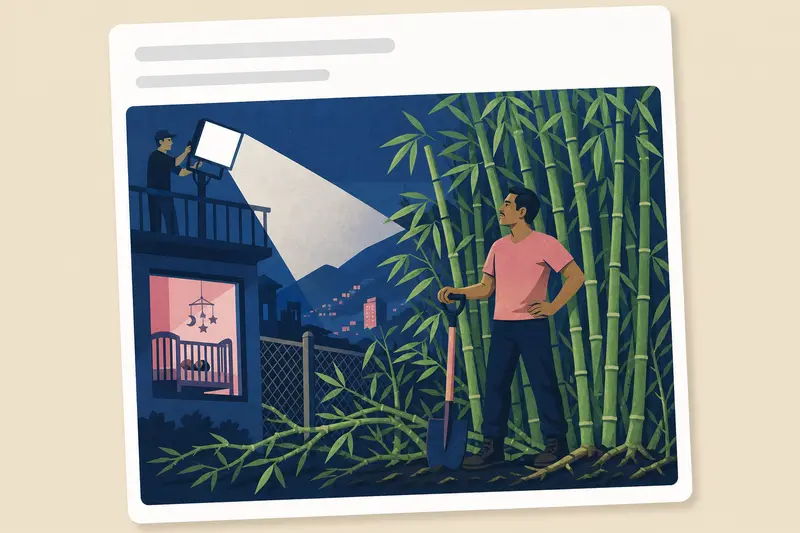 Cover illustration for AITJ for planting aggressive, fast-growing bamboo along the property line to retaliate against my neighbor's blindingly bright security floodlights that shine into my nursery?, C1 Spanish story