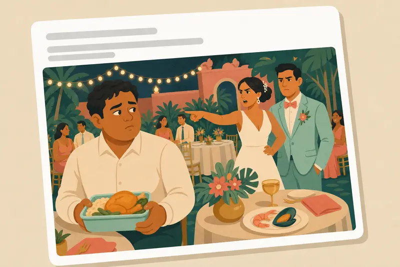 Cover illustration for AITJ for bringing my own meal to my cousin's wedding because I hate seafood?, B1 Spanish story