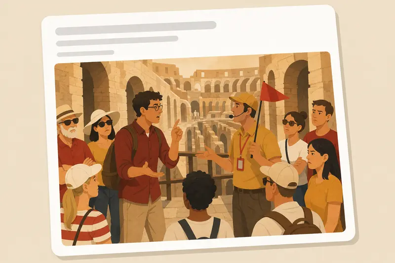Cover illustration for AITJ for loudly dismantling a tour guide's fabricated historical narrative about the Colosseum, effectively ruining the excursion for thirty tourists?, C2 Spanish story