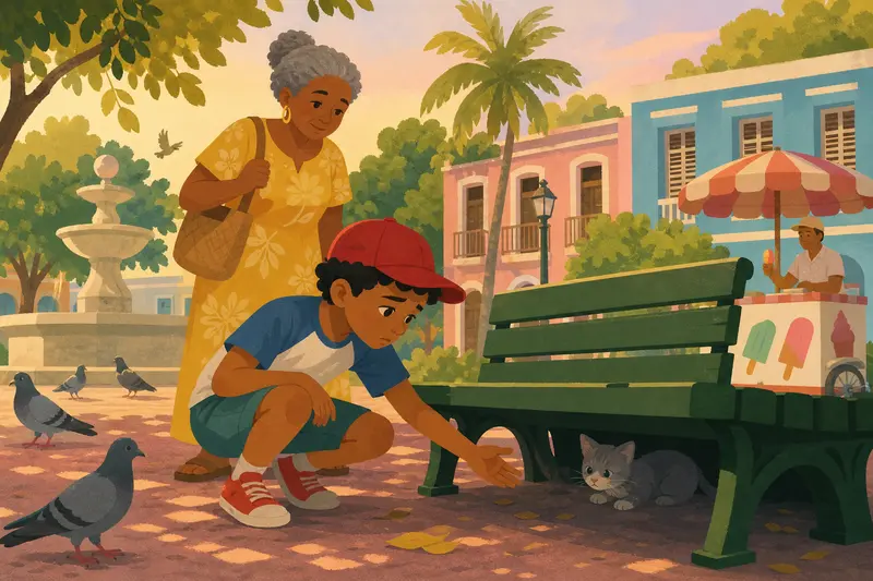 Cover illustration for The Meow Under the Bench, A1 Spanish story
