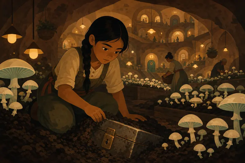 Cover illustration for The Box Under the Mushrooms, A1 Spanish story