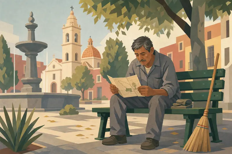 Cover illustration for The Green Bench at Noon, A0 Spanish story