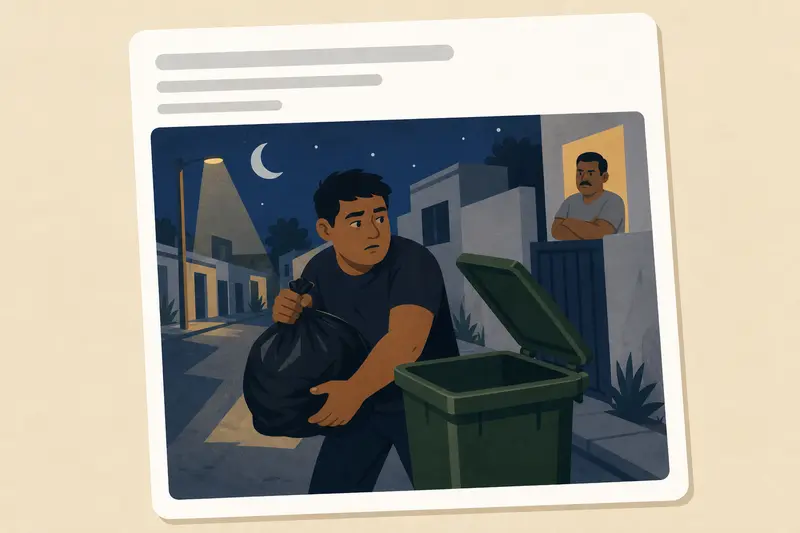 Cover illustration for AITJ for putting my trash bags in my neighbor's bin?, A1 Spanish story