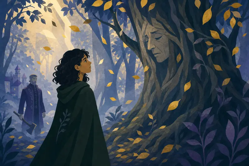 Cover illustration for The Night of Golden Leaves, A2 Spanish story