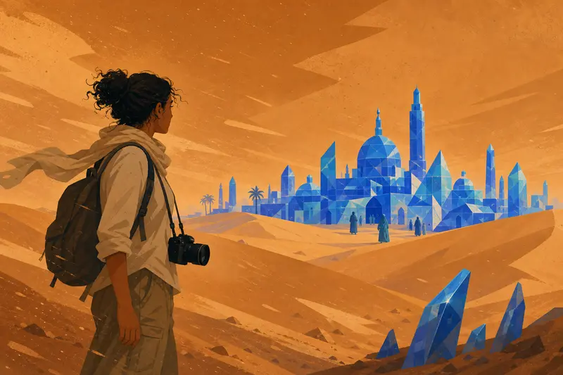 Cover illustration for The Village of Blue Glass, B1 Spanish story
