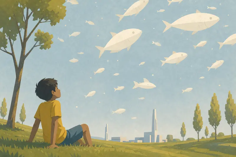 Cover illustration for Fish in the White Sky, A0 Spanish story