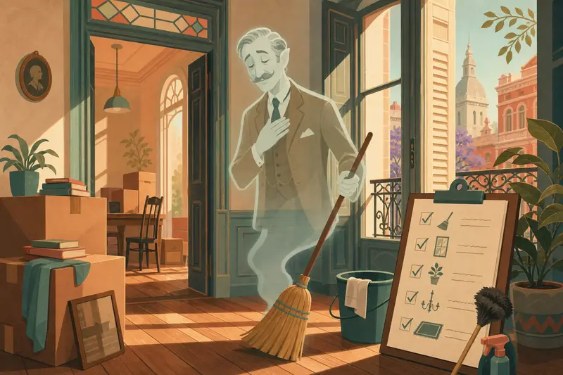 Cover illustration for A Ghost, a Broom, and a To-Do List, A2 Spanish story