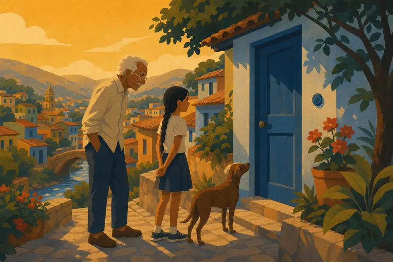 Cover illustration for The Blue Door, A0 Spanish story