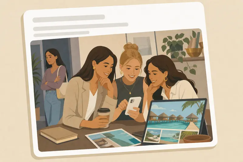 Cover illustration for AITJ for excluding our lower-income friend from the group chat planning a luxury vacation to the Maldives to avoid the 'awkwardness' of her inevitably declining due to cost?, C1 Spanish story