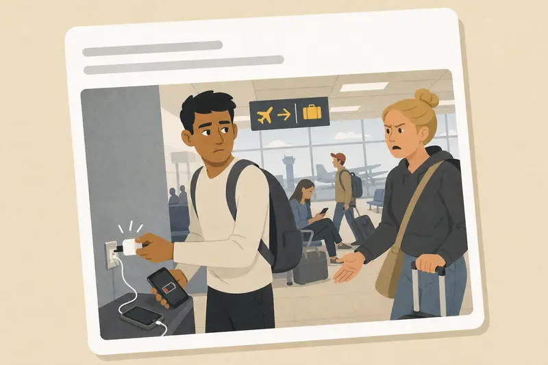 Cover illustration for AITJ for unplugging a stranger's phone charger at the airport?, A1 Spanish story