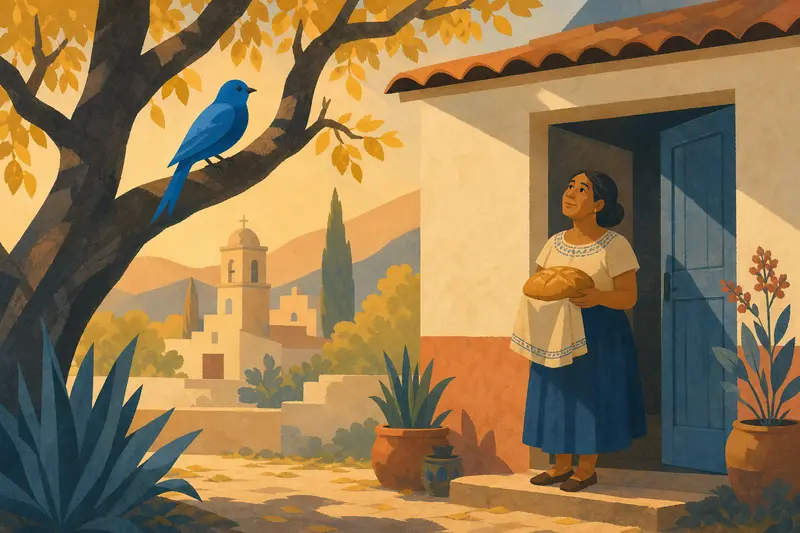 Cover illustration for The Blue Bird's Bread, A0 Spanish story
