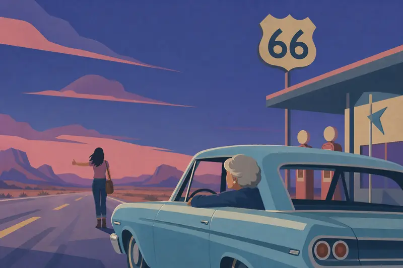 Cover illustration for The Woman at Every Stop, B1 Spanish story
