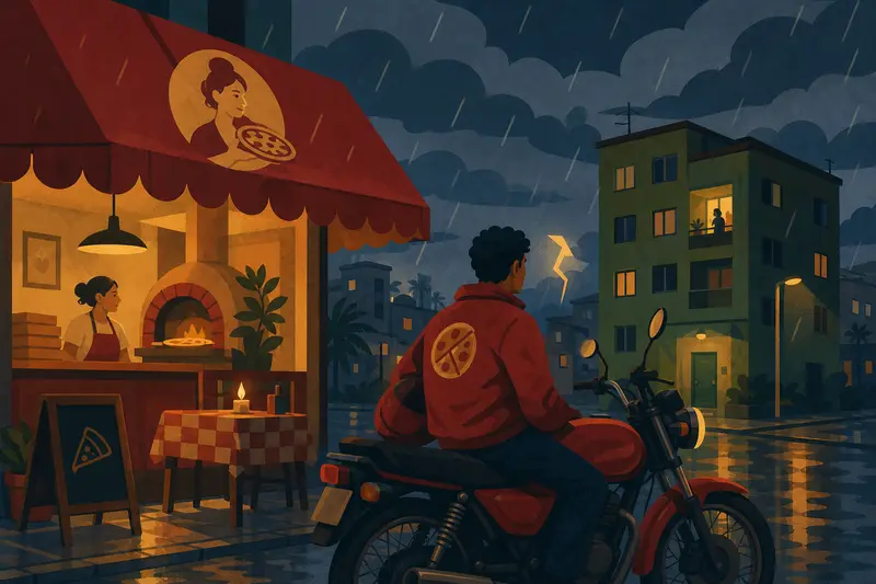 Cover illustration for Seven Storms, Seven Pizzas, A1 Spanish story