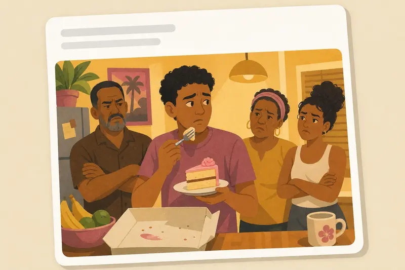 Cover illustration for AITJ for eating the last slice of cake my dad was saving?, B1 Spanish story