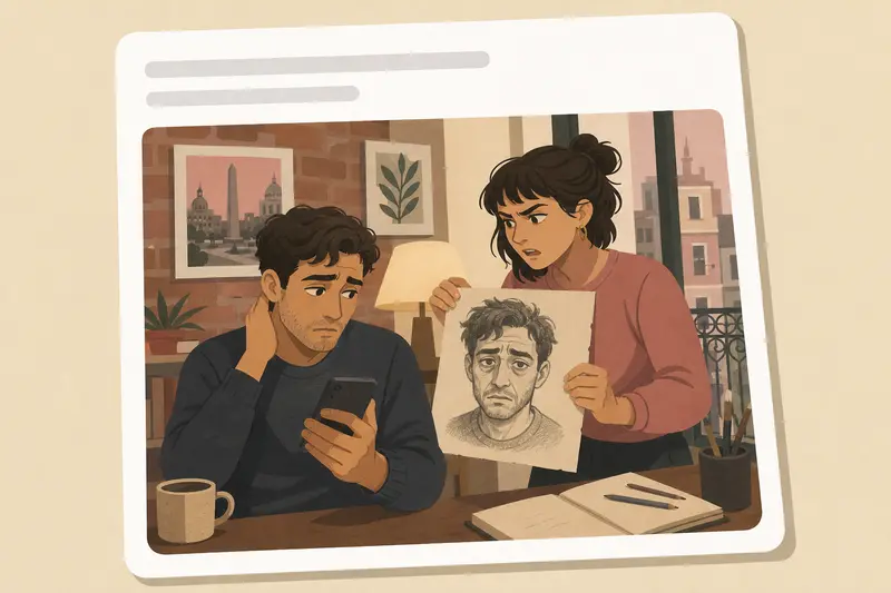 Cover illustration for AITJ for not posting a portrait my friend drew of me because it made me look old?, B2 Spanish story